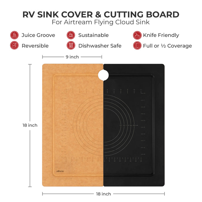 Elihome RV sink cover and cutting board diagram for Airstream Flying Cloud showing 18x18 inch dimensions. Features include measuring guides, juice groove, dishwasher safe wood fiber material, and reversible design in natural and black colors.