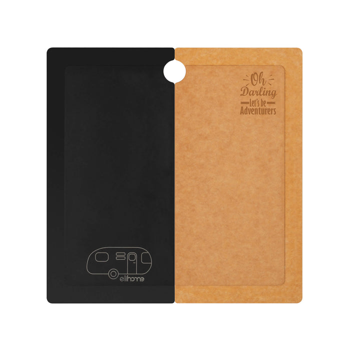 Elihome custom-fit Airstream RV sink cover and wood fiber cutting board. The design features a black section with an RV logo and a tan section engraved with the phrase "Oh Darling, Let's Be Adventurers.