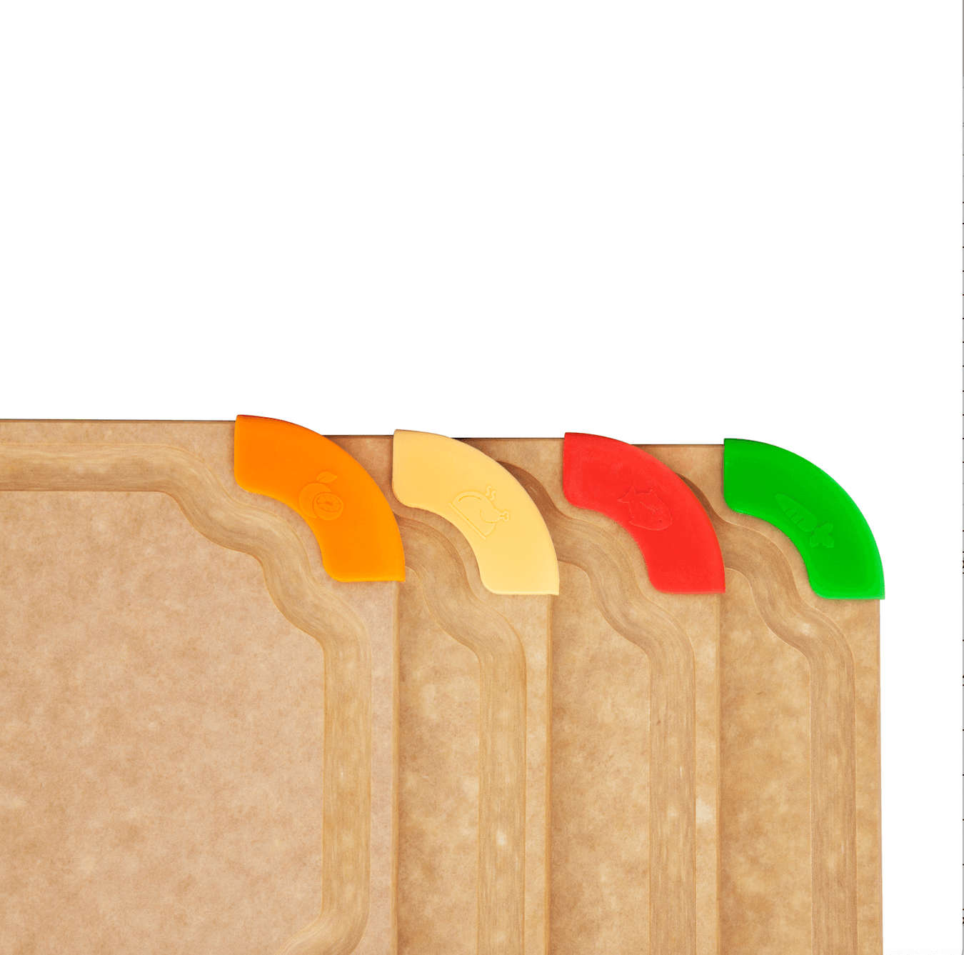 Elihome wood fiber cutting boards with color coded silicone corners in orange, yellow, red, and green for food cross contamination prevention