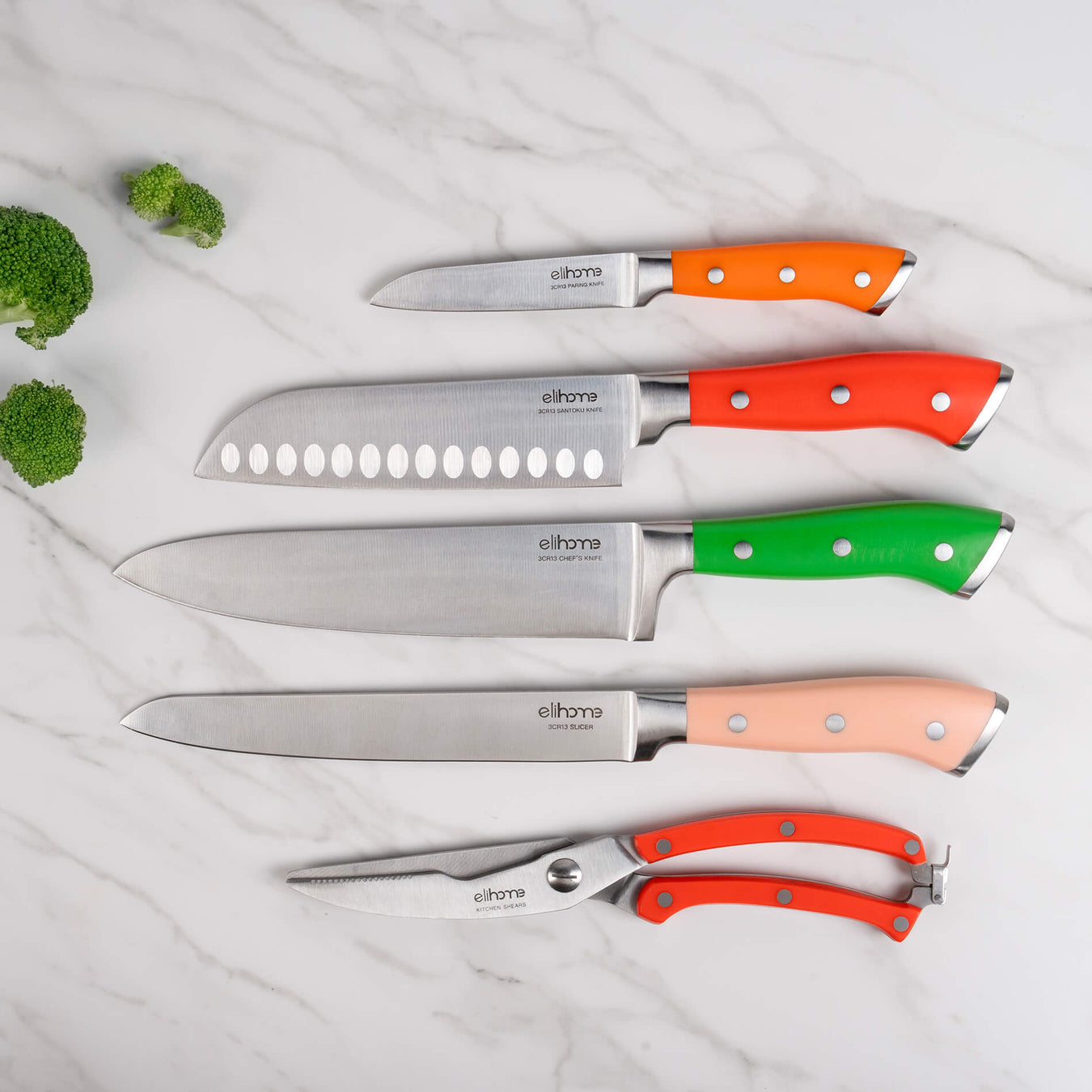 Elihome colorful kitchen knife set with multiple blade types