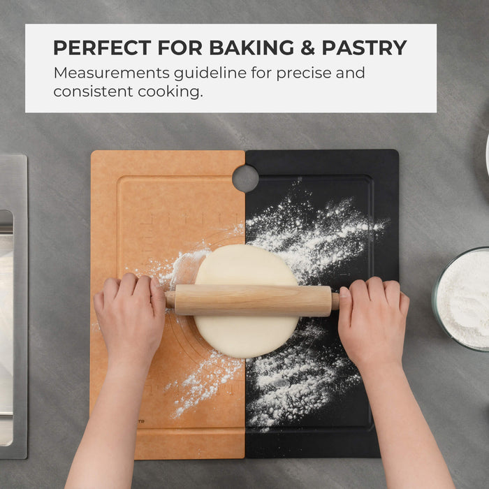 Overhead view of hands rolling dough on an Elihome RV sink cover, highlighting the integrated measurement guidelines for precise baking. Text reads: "Perfect for Baking & Pastry. Measurements guideline for precise and consistent cooking."