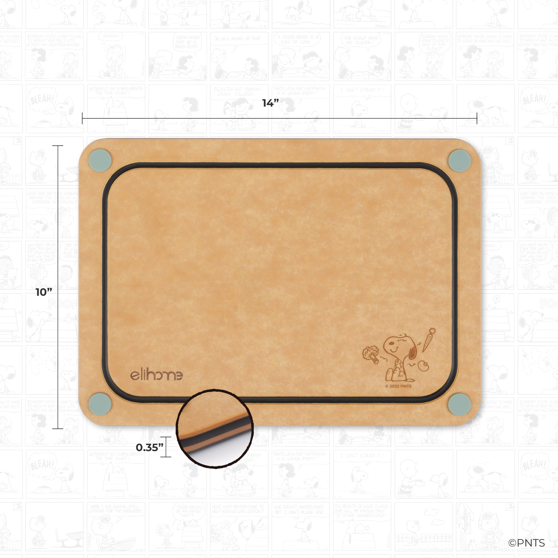 Wooden cutting board with dimensions and a small illustration on a light gray background