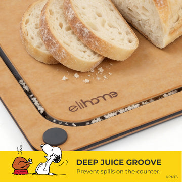 Bread slices on a wooden cutting board with 'eliwich' branding, featuring a cartoon character at the bottom.
