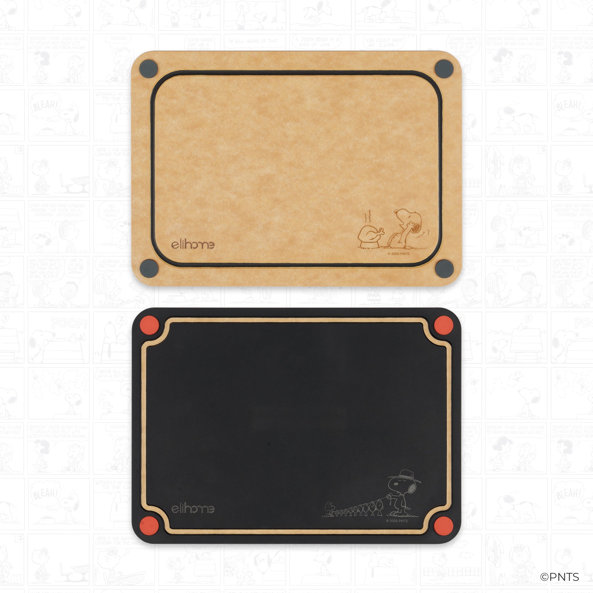 Two cutting boards, one beige and one black, with a brand logo on a light gray background.