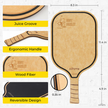 Wooden pickleball paddle with features highlighted and dimensions displayed.