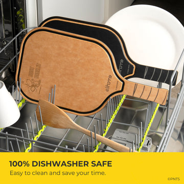 Two wooden pickleball paddles with a dishwasher rack in the background, emphasizing dishwasher safety.