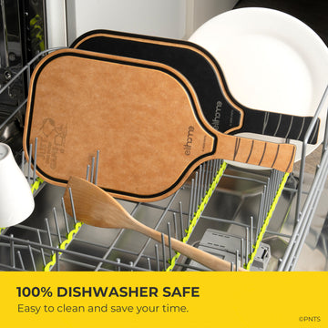 Two pickleball paddles in a dishwasher with text indicating they are dishwasher safe.