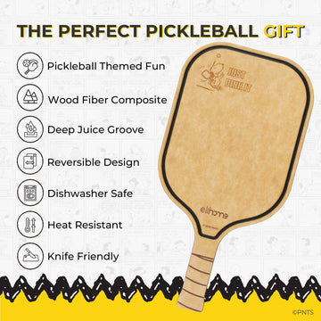 Wooden pickleball paddle with features listed on a white background