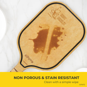 Wooden paddle with a brand logo on a white background, featuring text about non-porous and stain-resistant material.
