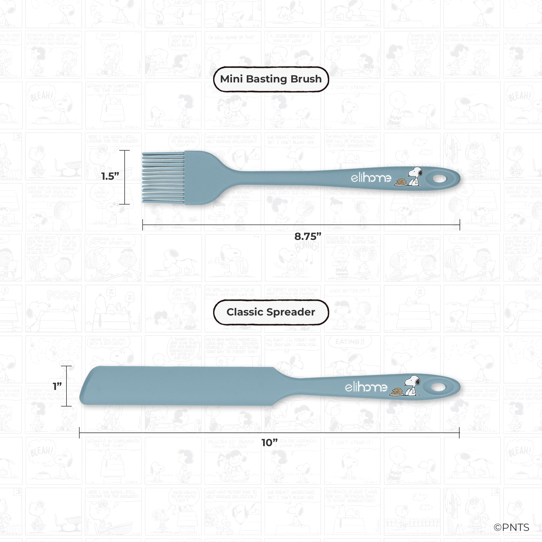 Measurement chart showing a blue mini basting brush and classic spreader with 'elihome' branding on a white background.