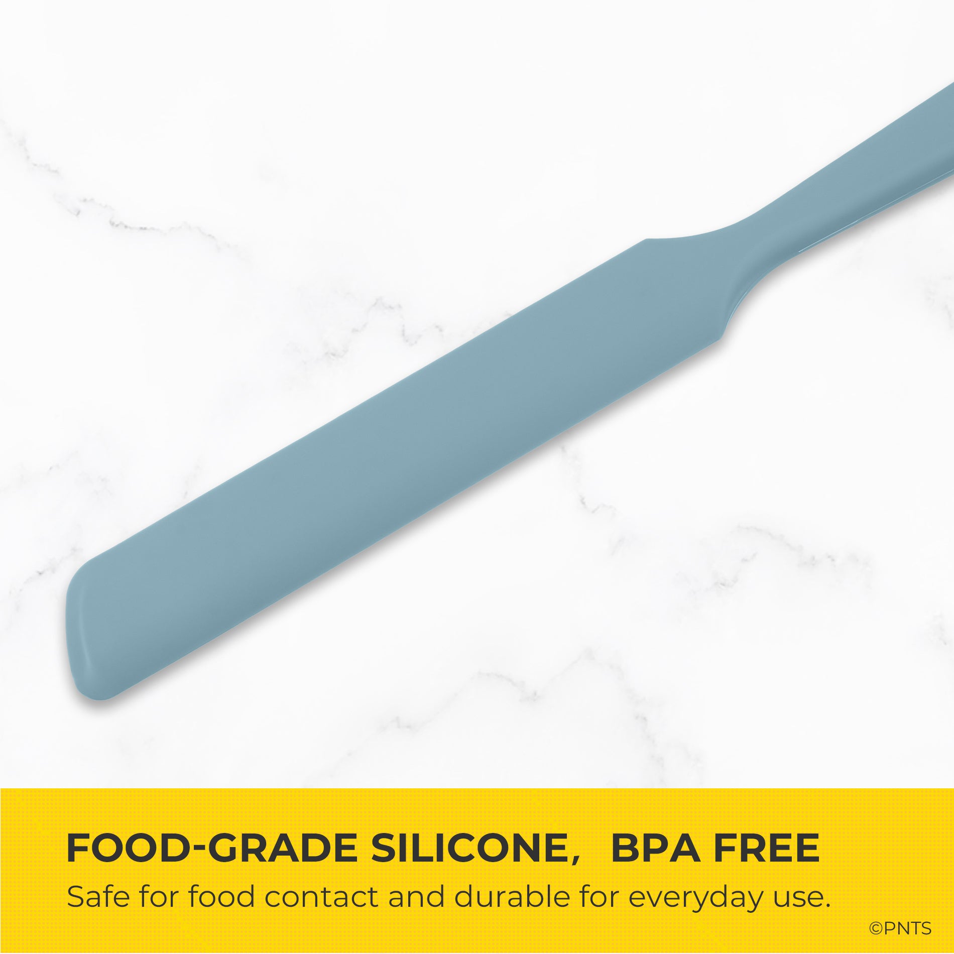 Silicone spatula on a white background with text about food-grade silicone and BPA freedom.