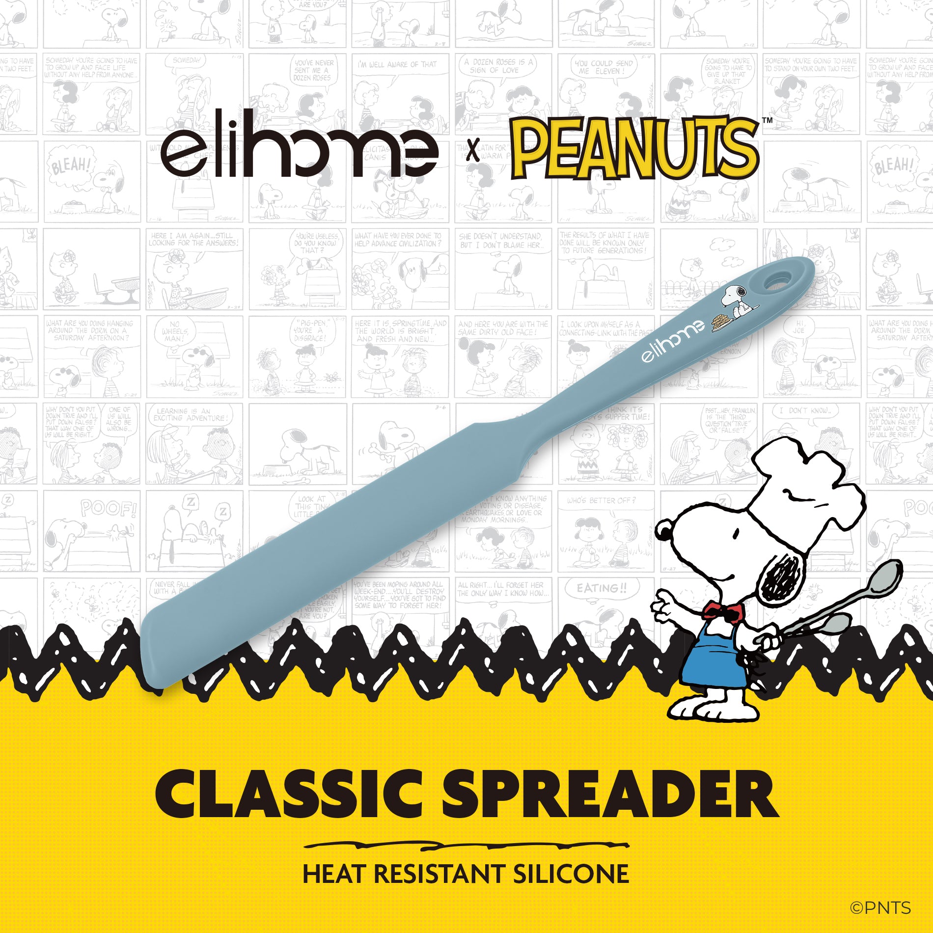 Elihome x Peanuts classic spreader with Snoopy illustration on a branded background