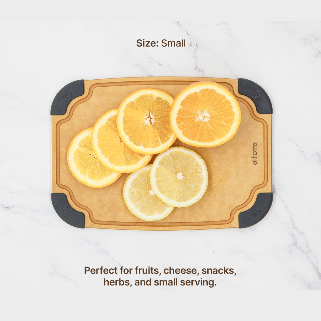 Elihome Essential Series 2-in-1 Cutting Board Set (S+M) - Small board in use on kitchen countertop