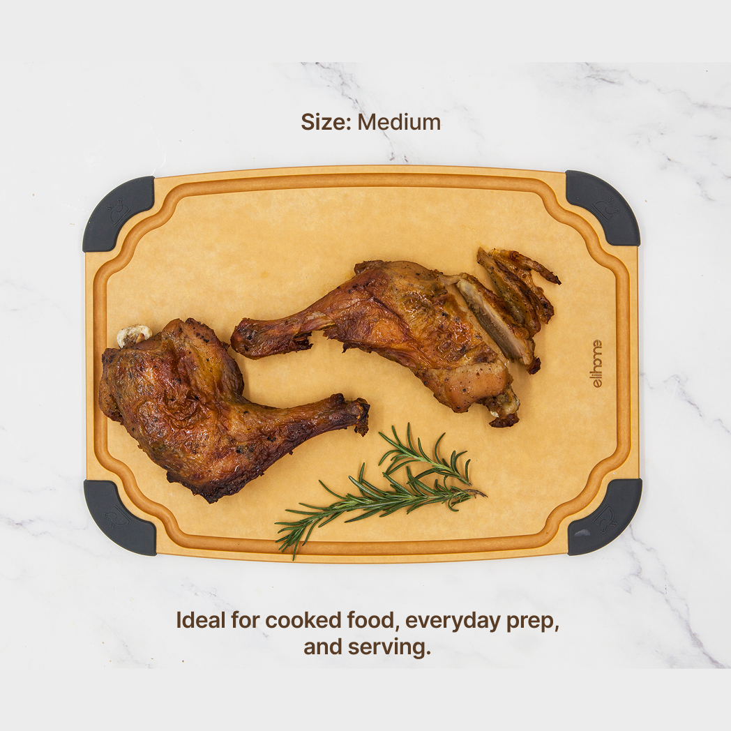 Elihome Essential Series 2-in-1 Cutting Board Set (S+M) - Medium board in use on kitchen countertop
