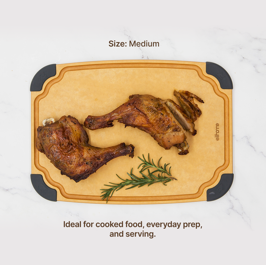 Elihome Essential Series 3-in-1 Cutting Board Set (S+M+L) - Medium board in use on kitchen countertop