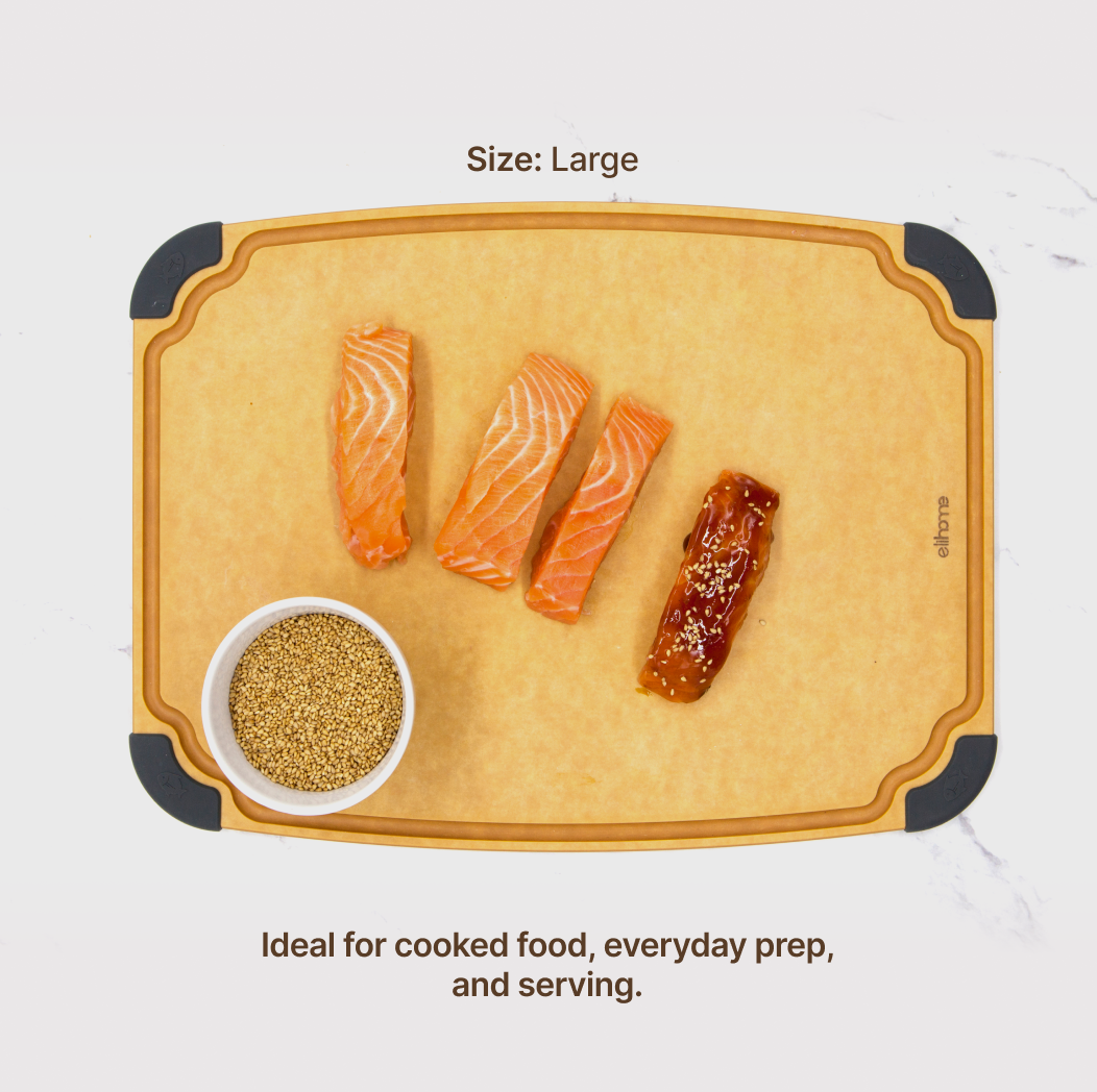Elihome Essential Series 3-in-1 Cutting Board Set (S+M+L) - Large board in use on kitchen countertop
