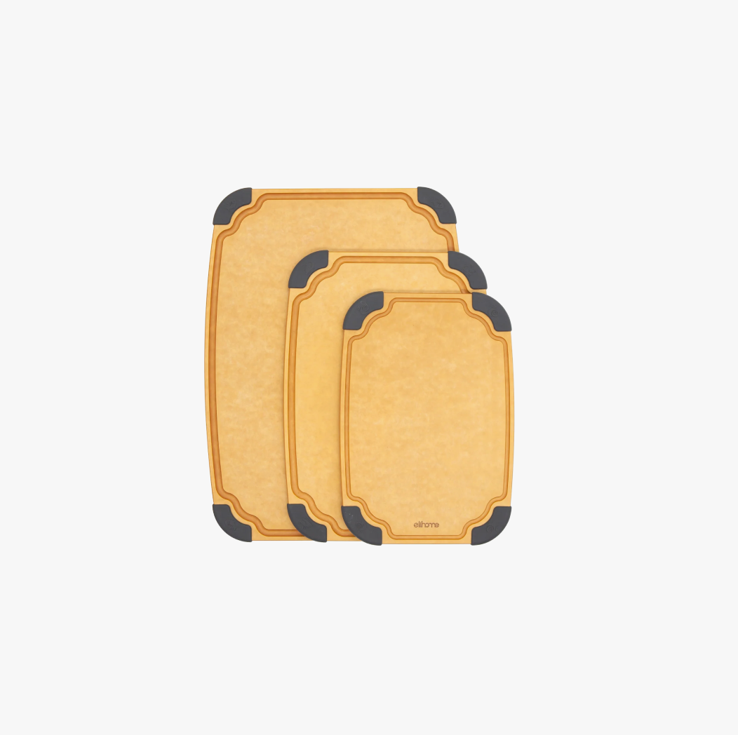 Elihome Essential Series 3-in-1 Cutting Board Set (S+M+L) - wood fiber cutting board set with juice grooves and non-slip feet