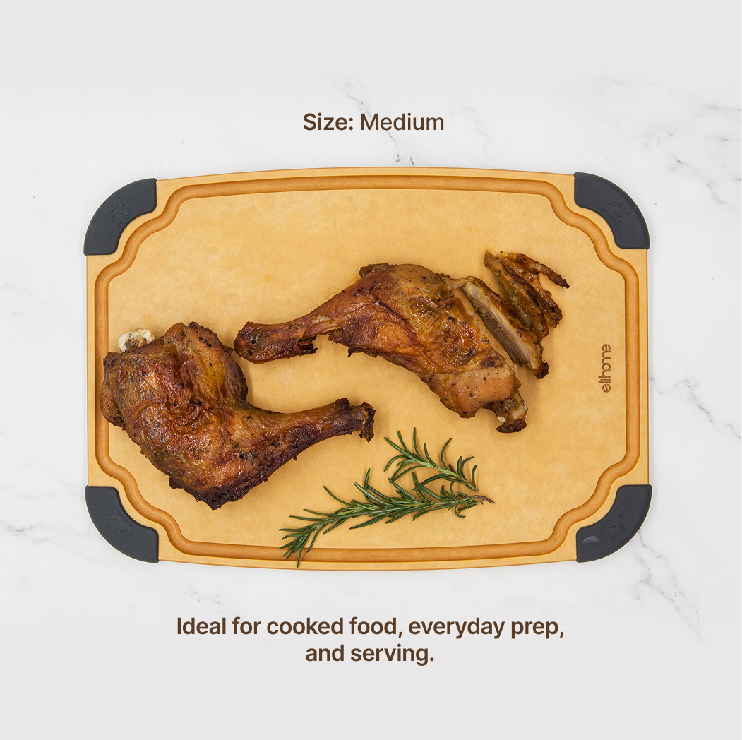 Elihome Essential Series 4-in-1 Cutting Board Set (S+M+L+XL) - Medium board in use on kitchen countertop