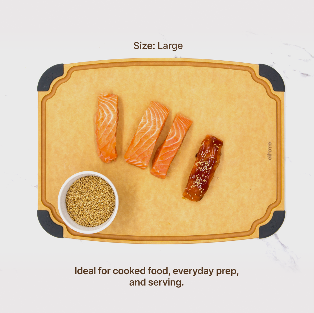 Elihome Essential Series 4-in-1 Cutting Board Set (S+M+L+XL) - Large board in use on kitchen countertop