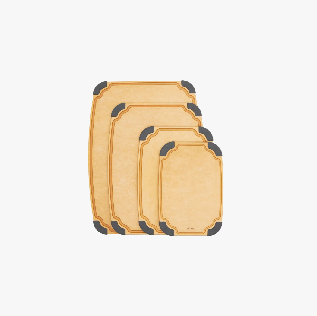 Elihome Essential Series 4-in-1 Cutting Board Set (S+M+L+XL) - wood fiber cutting board set with juice grooves and non-slip feet