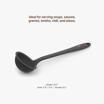 Elihome Classic Ladle measurements, 13.5 inches long with a 3.9 by 1.6 inch bowl and a 9.2 inch handle, ideal for serving soups, sauces, gravies, broths, chili and stews