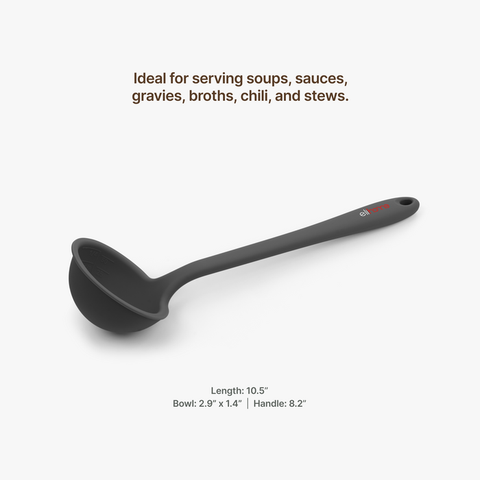 Elihome Classic Ladle measurements, 13.5 inches long with a 3.9 by 1.6 inch bowl and a 9.2 inch handle, ideal for serving soups, sauces, gravies, broths, chili and stews