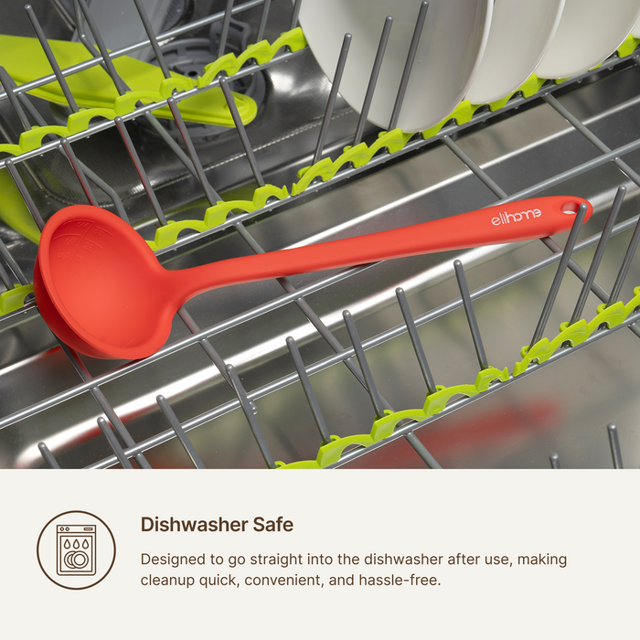 Elihome Classic Ladle in Red lying in a dishwasher rack, designed to go straight into the dishwasher for quick and hassle free cleanup