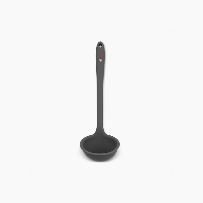Elihome Classic Ladle in Gray, 13.5 inches long flexible silicone ladle with a precision pour spout, built-in measuring cup and ergonomic 45 degree handle
