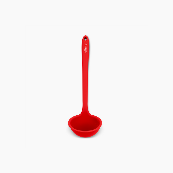 Elihome Classic Ladle in Red, 13.5 inches long flexible silicone ladle with a precision pour spout, built-in measuring cup and ergonomic 45 degree handle