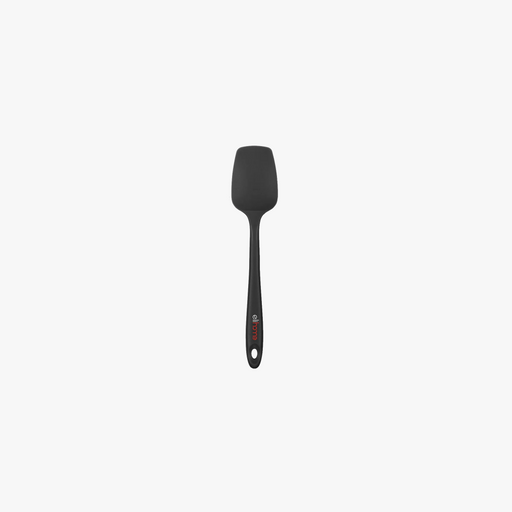 Elihome Mini Silicone Spoonula in Black, 8.75 inches by 1.8 inches with seamless one piece design, reinforced steel core and ergonomic non-slip handle