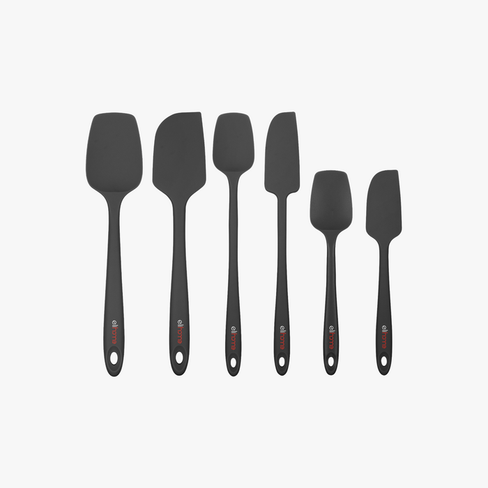 Elihome 6 Piece Silicone Spatula Set in Black, 6 pieces of BPA free platinum silicone kitchen tools with reinforced steel cores and ergonomic non-slip handles