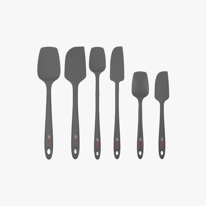 Elihome 6 Piece Silicone Spatula Set in Gray, 6 pieces of BPA free platinum silicone kitchen tools with reinforced steel cores and ergonomic non-slip handles