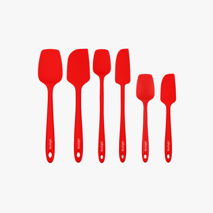 Elihome 6 Piece Silicone Spatula Set in Red, 6 pieces of BPA free platinum silicone kitchen tools with reinforced steel cores and ergonomic non-slip handles