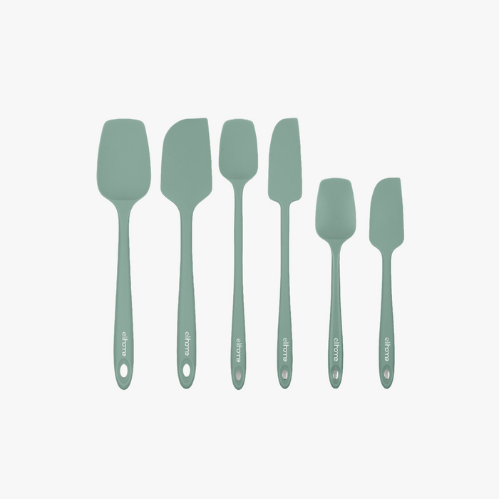 Elihome 6 Piece Silicone Spatula Set in Sage Green, 6 pieces of BPA free platinum silicone kitchen tools with reinforced steel cores and ergonomic non-slip handles