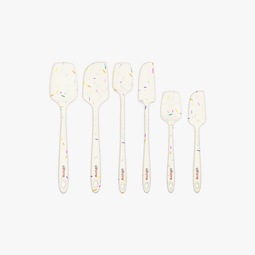 Elihome 6 Piece Silicone Spatula Set in Sprinkles, 6 pieces of BPA free platinum silicone kitchen tools with reinforced steel cores and ergonomic non-slip handles