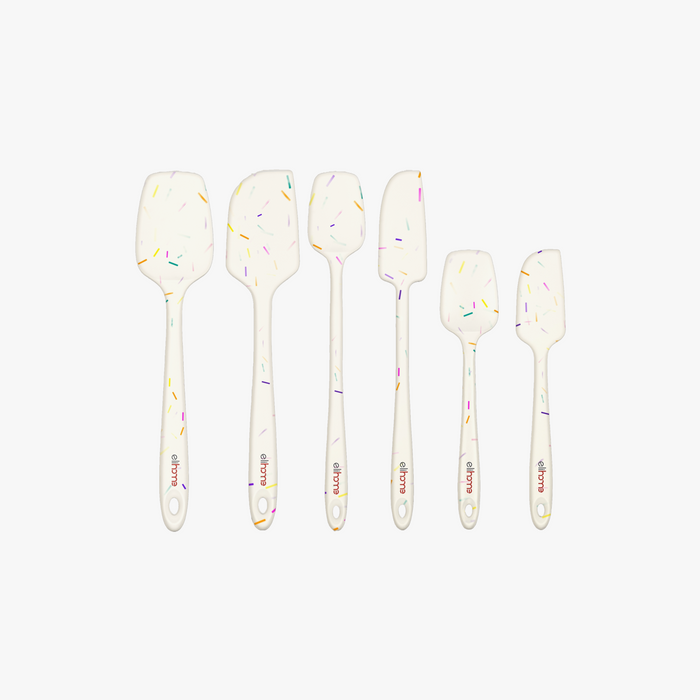 Elihome 6 Piece Silicone Spatula Set in Sprinkles, 6 pieces of BPA free platinum silicone kitchen tools with reinforced steel cores and ergonomic non-slip handles