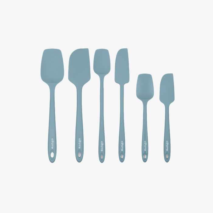 Elihome 6 Piece Silicone Spatula Set in Teal Grey, 6 pieces of BPA free platinum silicone kitchen tools with reinforced steel cores and ergonomic non-slip handles