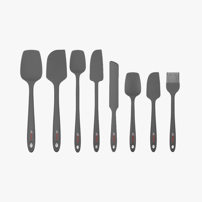 Elihome 8 Piece Silicone Spatula Set in Gray, 8 pieces of BPA free platinum silicone kitchen tools with reinforced steel cores and ergonomic non-slip handles