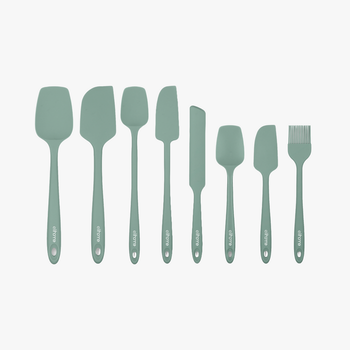 Elihome 8 Piece Silicone Spatula Set in Sage Green, 8 pieces of BPA free platinum silicone kitchen tools with reinforced steel cores and ergonomic non-slip handles