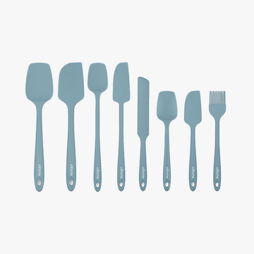 Elihome 8 Piece Silicone Spatula Set in Teal Grey, 8 pieces of BPA free platinum silicone kitchen tools with reinforced steel cores and ergonomic non-slip handles