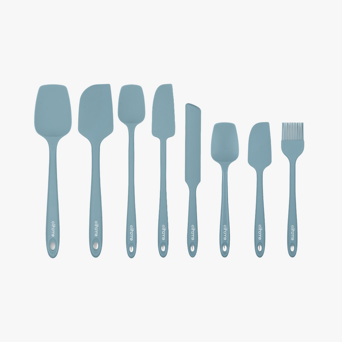 Elihome 8 Piece Silicone Spatula Set in Teal Grey, 8 pieces of BPA free platinum silicone kitchen tools with reinforced steel cores and ergonomic non-slip handles