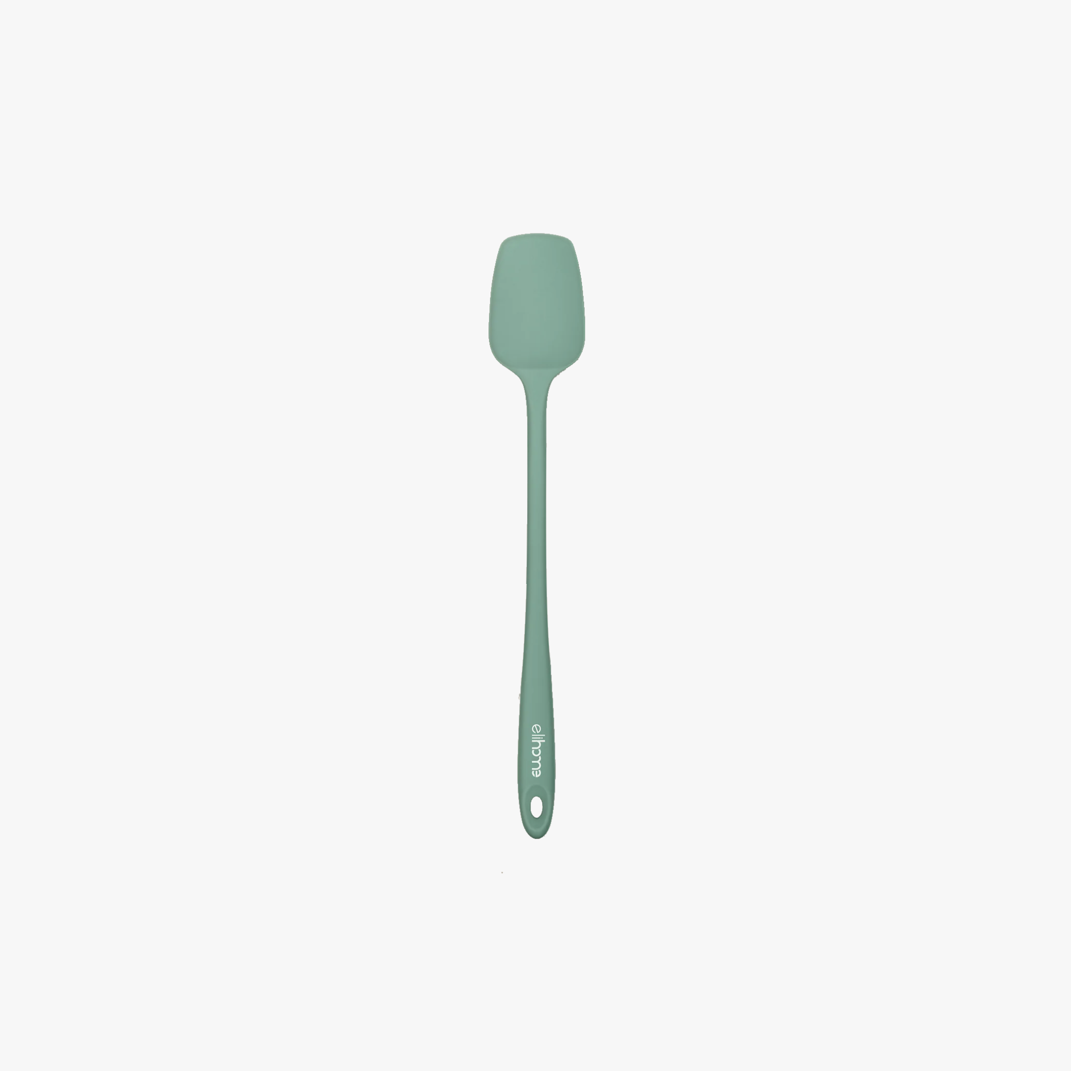 Elihome Skinny Slim Silicone Spoonula in Sage Green, 11 inches by 1.5 inches with seamless one piece design, reinforced steel core and ergonomic non-slip handle