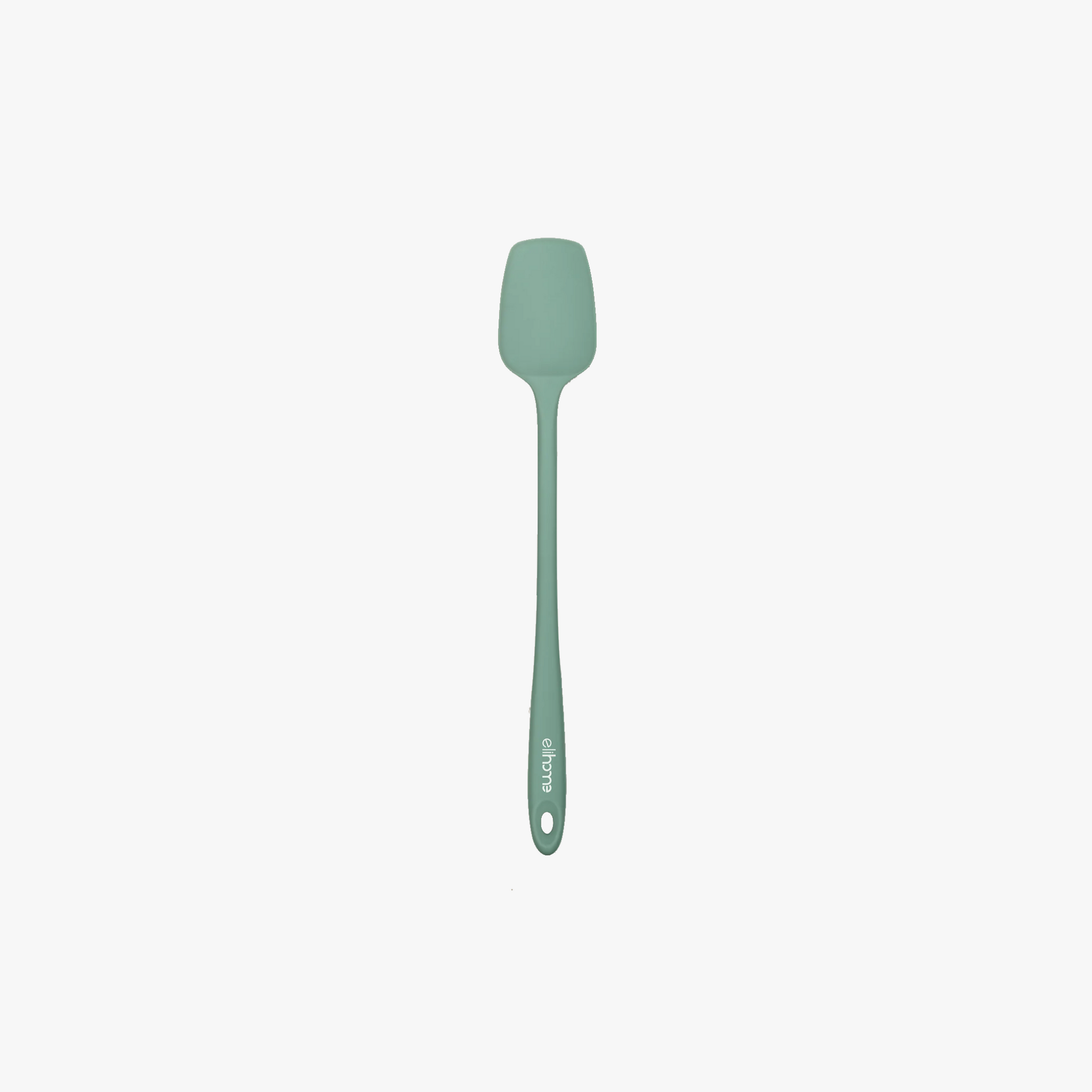 Elihome Skinny Slim Silicone Spoonula in Sage Green, 11 inches by 1.5 inches with seamless one piece design, reinforced steel core and ergonomic non-slip handle