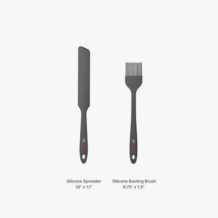 Elihome Silicone Spreader measuring 10 inches by 1.1 inches shown beside the Elihome Silicone Basting Brush measuring 8.75 inches by 1.5 inches