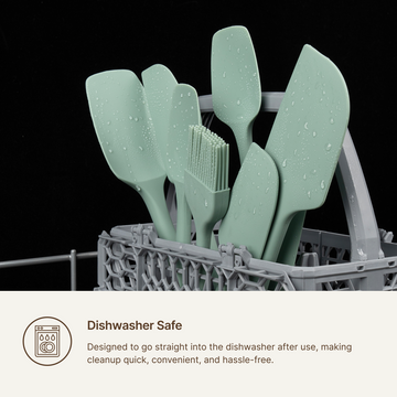 Elihome Sage Green silicone kitchen tool set standing in a dishwasher rack, designed to go straight into the dishwasher for quick and hassle free cleanup