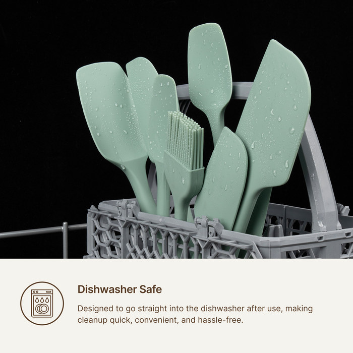 Elihome Sage Green silicone kitchen tool set standing in a dishwasher rack, designed to go straight into the dishwasher for quick and hassle free cleanup