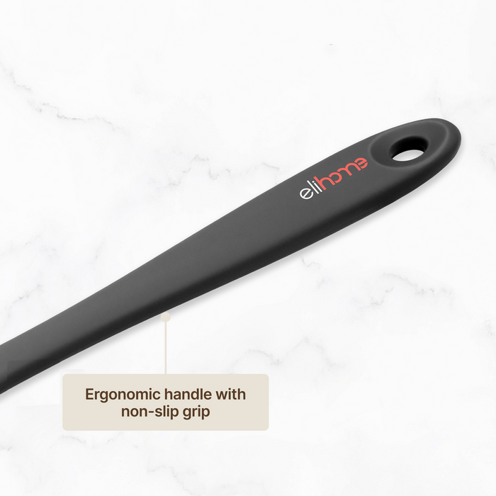 Close-up of the Elihome Premium Silicone Spreader handle showing the elihome logo, ergonomic handle with non-slip grip and hanging hole