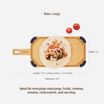 Elihome Paddle Series Large board dimensions - 18" x 7.5" x 1/4" - ideal for everyday meal prep, fruits, cheese, snacks, charcuterie, and serving
