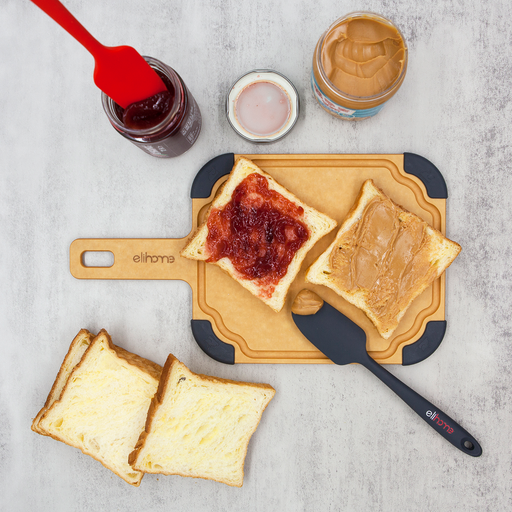 Serving toast and spreads on the Elihome Paddle Series Small cutting and serving board