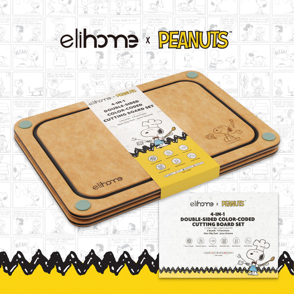 Elihome x Peanuts double-sided cutting board set on a white background with grid pattern